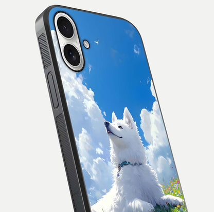 Blissful Cloud Pup Glass Case for iPhone 17 close-up image highlighting puppy details and glossy reflection