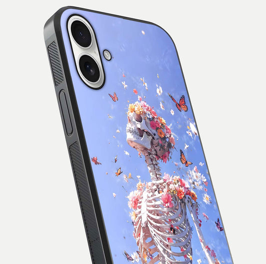 Bloom Beyond Bones Glass Case for iPhone 17 close-up highlighting unique bone-floral fusion art and reflection
