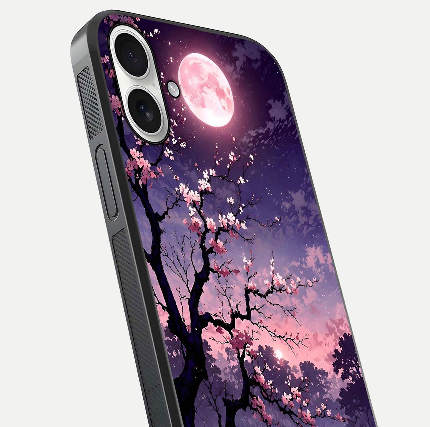 Blossom Pink Moon Glass Case for iPhone 17 close-up shot showing pink tones, moon highlight, and reflection gloss