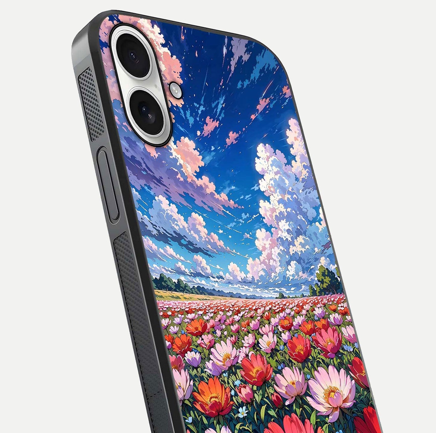 Blossom Sky Field Glass Case for iPhone 17 close-up image showing petal patterns and subtle sky gradient