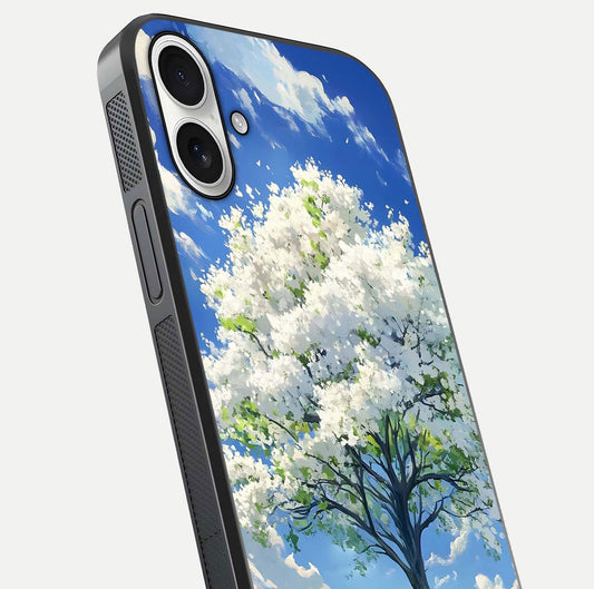 Blossom Sky Serenity Glass Case for iPhone 17 close-up highlighting calming flower details and reflection gloss