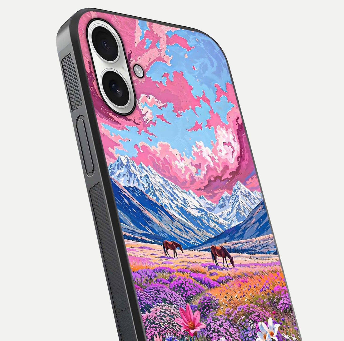 Blossom Valley Dream Glass Case for iPhone 17 close-up view showing detailed flower print and pastel hues