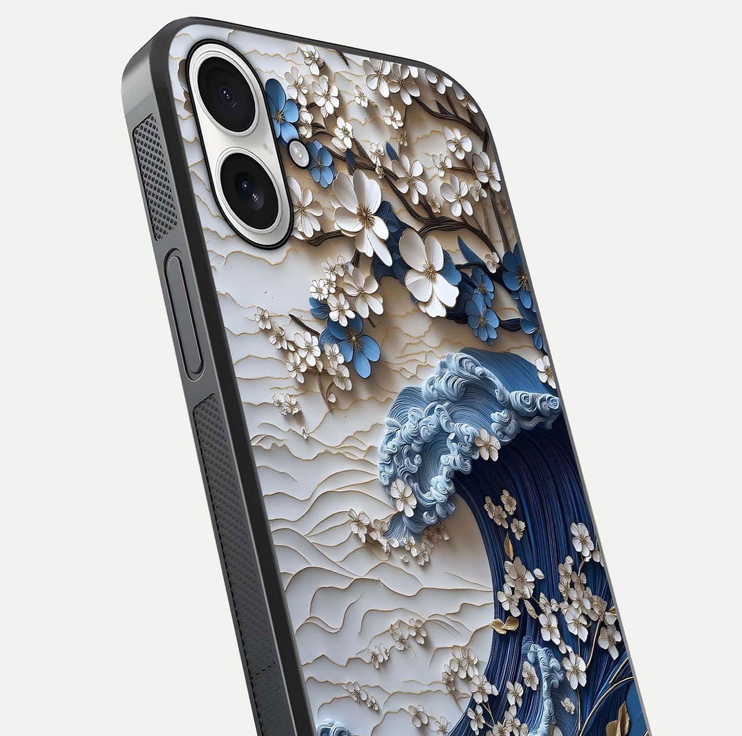 Blossom Wave Art Glass Case for iPhone 17 close-up shot highlighting wave motion in floral art and reflection