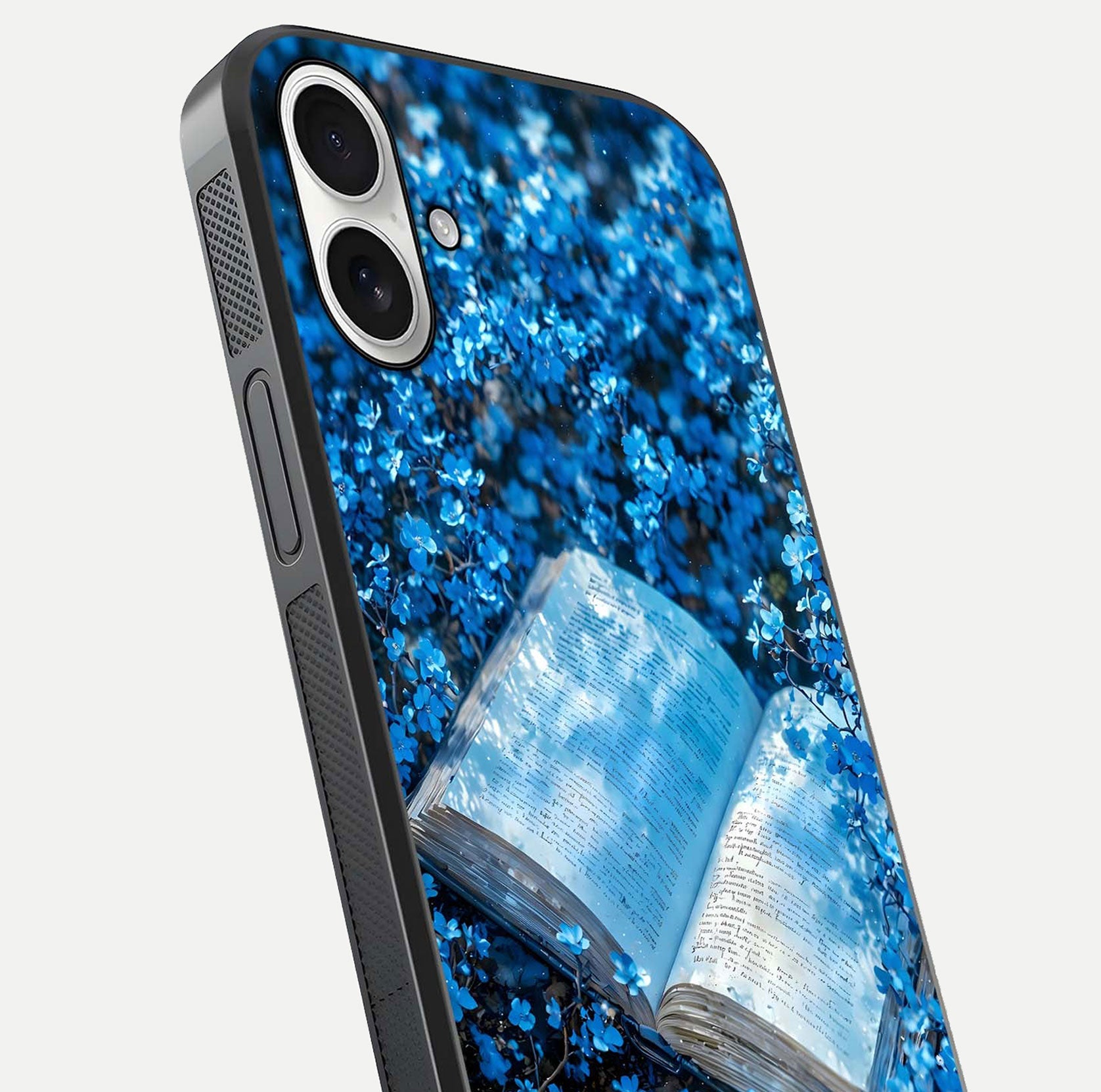 Blue Bloom Tales Glass Case for iPhone 17 close-up angle showing petal texture and blue tone reflection