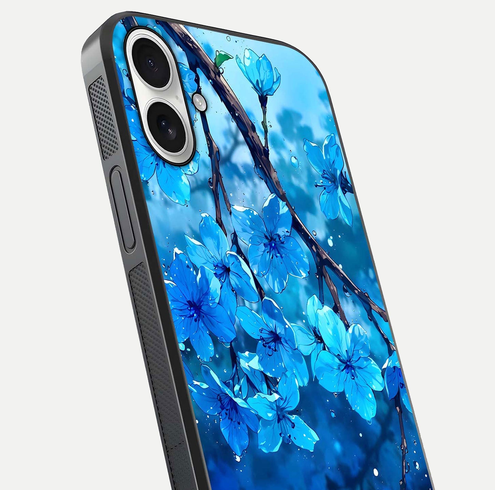 Blue Blossoms Branch Glass Case for iPhone 17 close-up angle highlighting petal details and reflection gloss