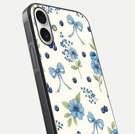 Blue Flower & Bow Glass Case for iPhone 17 close-up shot highlighting ribbon detail and flower gloss finish