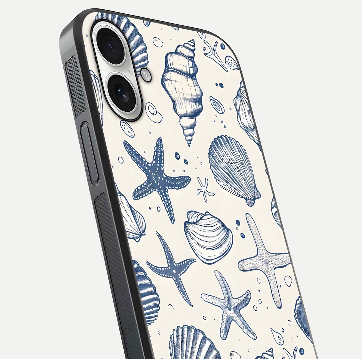 Blue Ocean Outline Glass Case for iPhone 17 close-up shot highlighting line art details and reflection texture