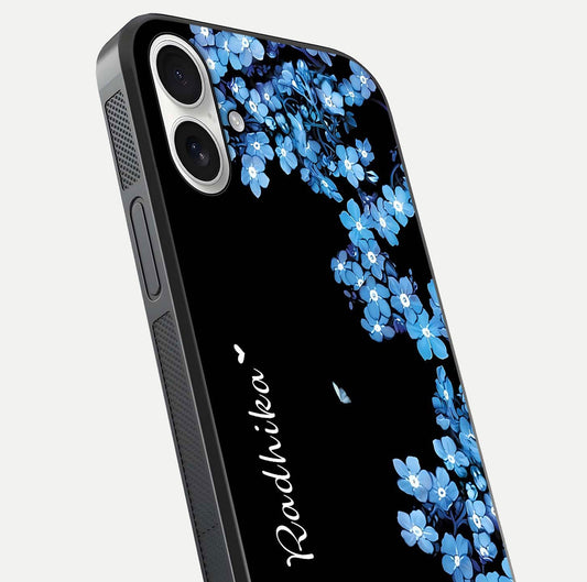 Blue Petal Dream Custom Name Glass Case for iPhone 17 close-up highlighting petal texture and gloss reflection