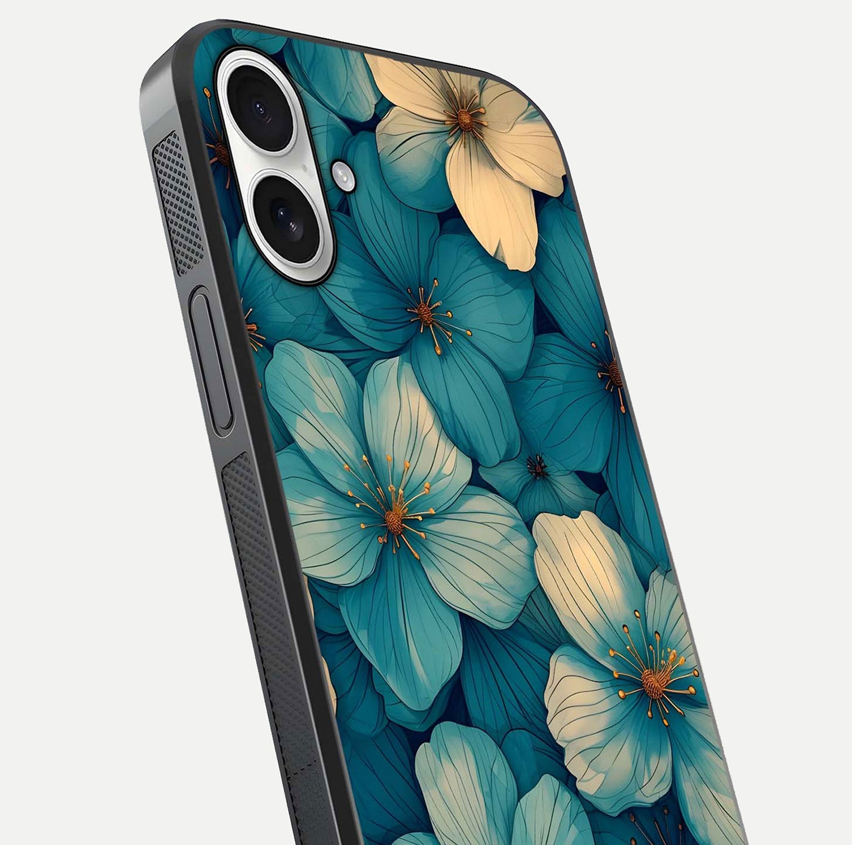 Blue Shade Floral Glass Case for iPhone 17 close-up angle showing flower print precision and reflection