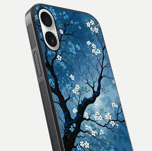 Blue Tree Serenity Glass Case for iPhone 17 close-up view highlighting tree branches and reflection gloss