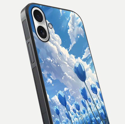 Blue Tulip Clouds Glass Case for iPhone 17 close-up image highlighting tulip petals, clouds, and reflection texture