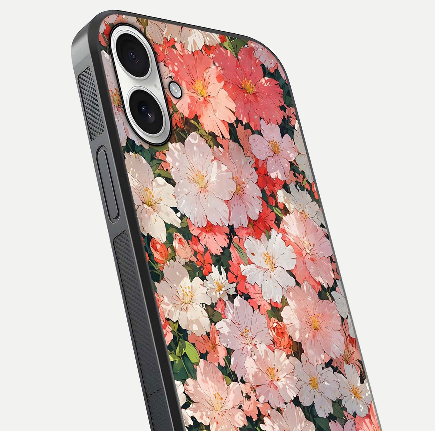 Blush Bloom Field Glass Case for iPhone 17 close-up shot capturing pastel flower field tones and gloss shine