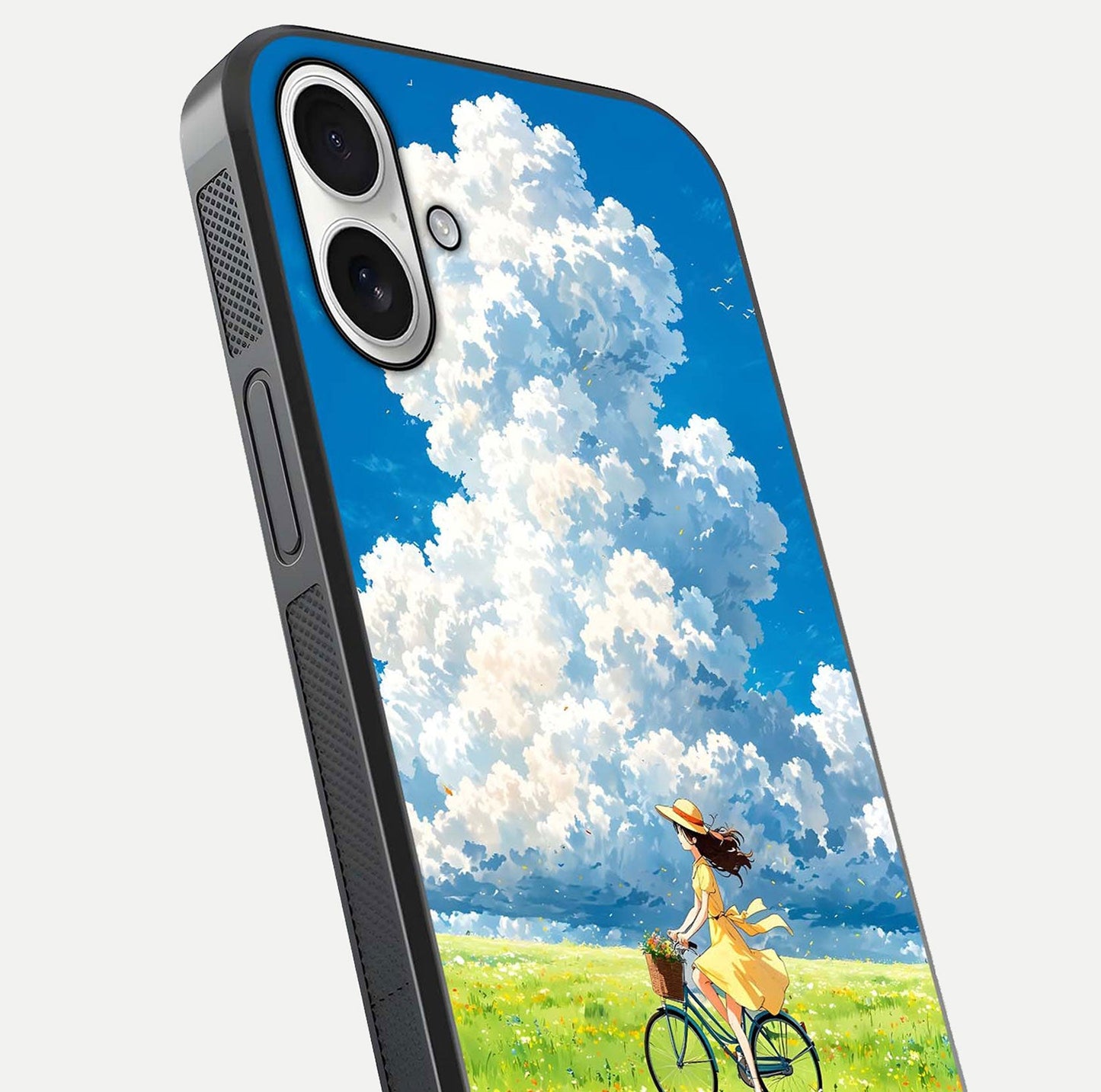 Breezy Meadow Ride Glass Case for iPhone 17 close-up shot showing flowers and breezy motion texture