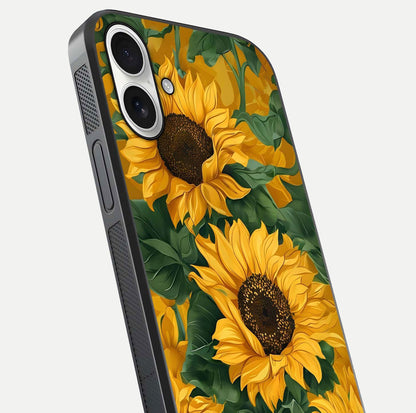 Bright Sunflower Bloom Glass Case for iPhone 17 close-up image highlighting yellow petal detail and HD reflection