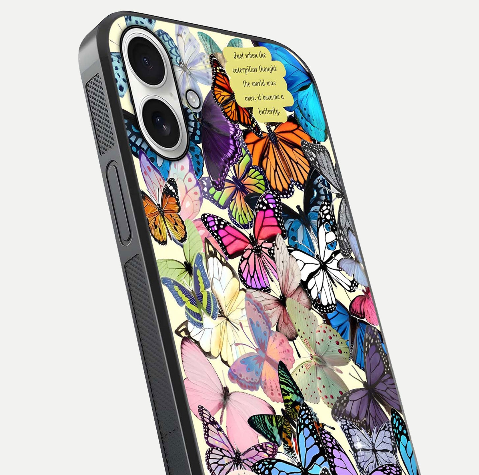Butterflies Petal Dream Glass Case for iPhone 17 close-up highlighting butterfly wings and pink petal gloss