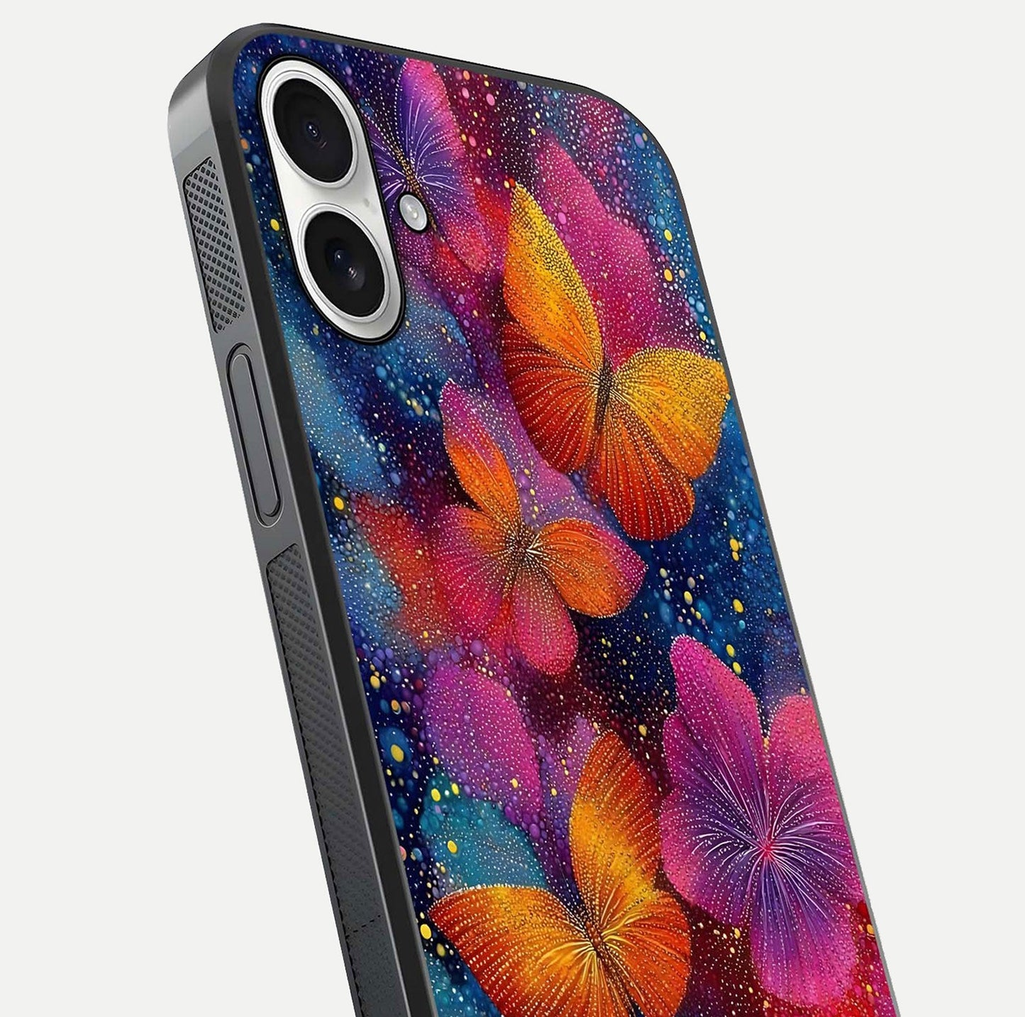 Butterfly Dream Mist Glass Case for iPhone 17 close-up capturing wing pattern detail and glossy finish texture