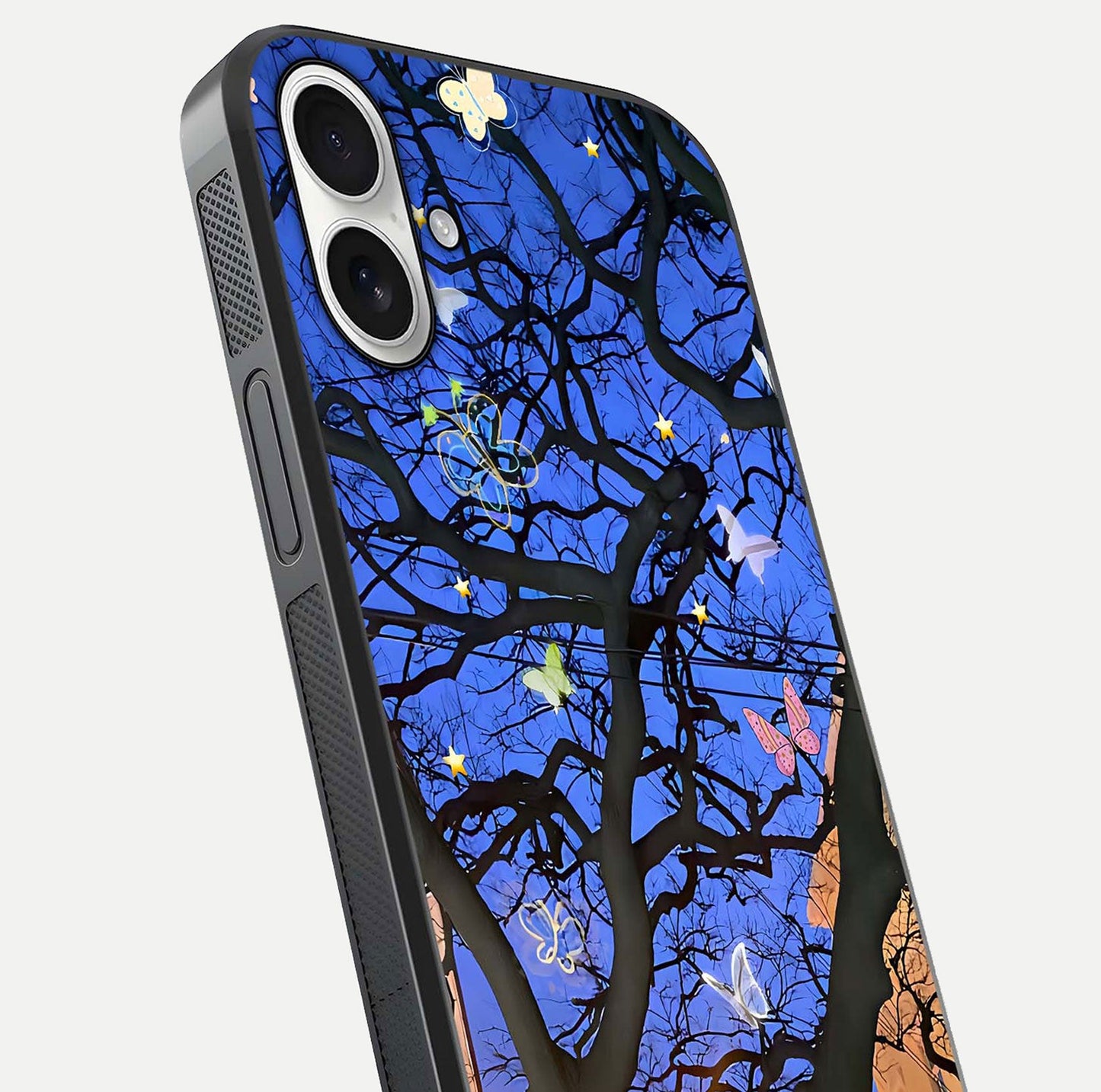 Butterfly Night Magic Glass Case for iPhone 17 close-up highlighting wings reflection and gloss shimmer