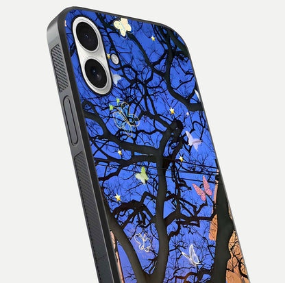 Butterfly Night Magic Glass Case for iPhone 17 close-up highlighting wings reflection and gloss shimmer