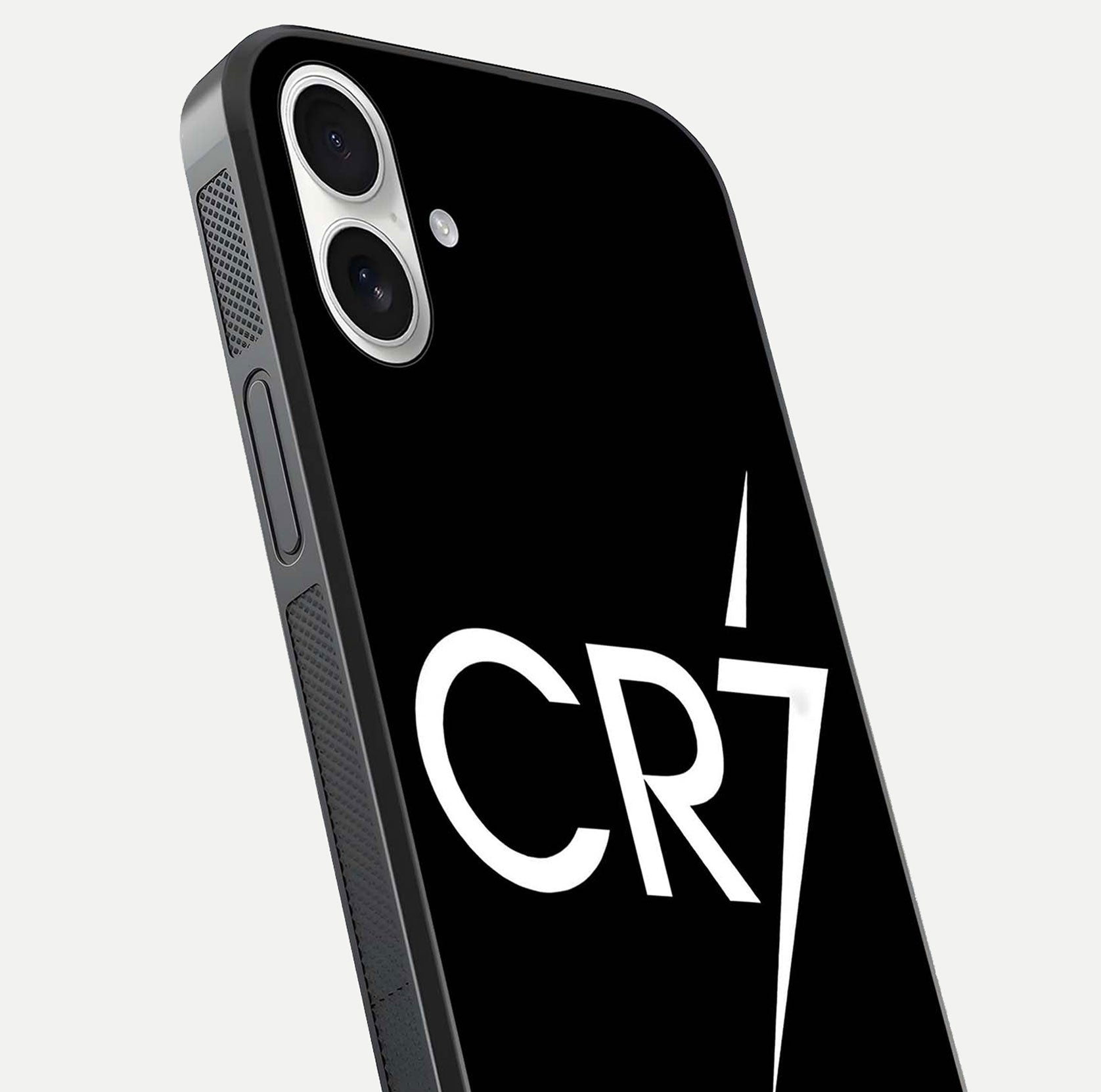 CR7 Elite Strike Glass Case for iPhone 17 close-up highlighting CR7 artwork and shine reflection