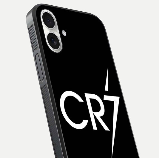 CR7 Elite Strike Glass Case for iPhone 17 close-up highlighting CR7 artwork and shine reflection