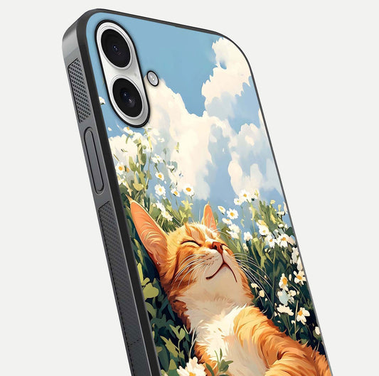 Cat & Flowers View Glass Case for iPhone 17 close-up view highlighting cat expression and petal detail