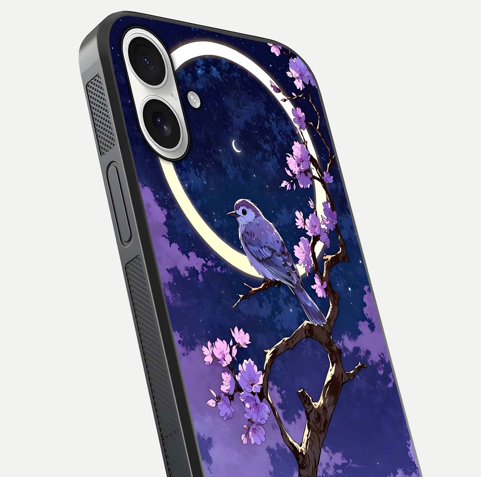 Celestial Bird Blossom Glass Case for iPhone 17 close-up capturing bird detail, petal reflection, and gloss shine