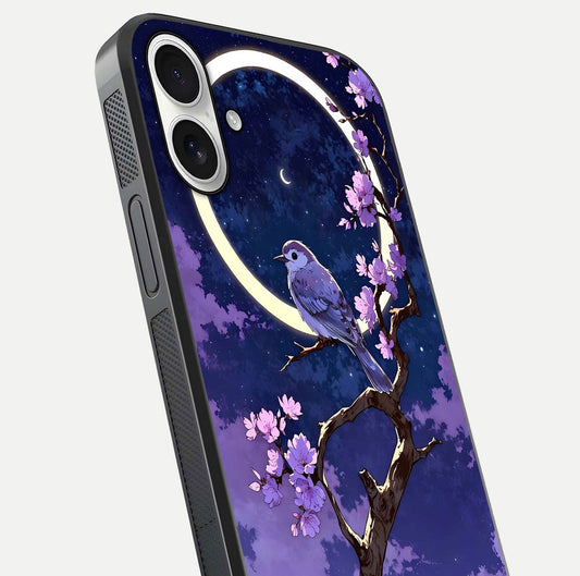 Celestial Bird Blossom Glass Case for iPhone 17 close-up capturing bird detail, petal reflection, and gloss shine