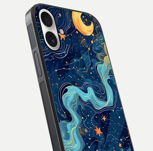 Celestial Dream Flow Glass Case for iPhone 17 close-up highlighting star reflections and smooth glow gradient