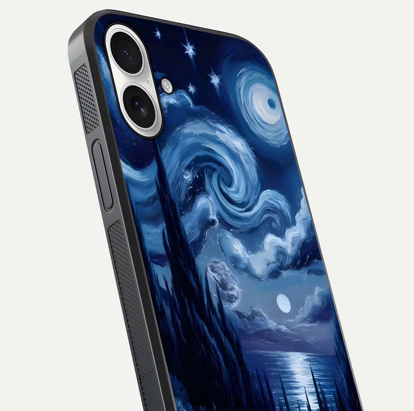 Celestial Dream Van Gogh Glass Case for iPhone 17 close-up view capturing vivid brush details and star reflection