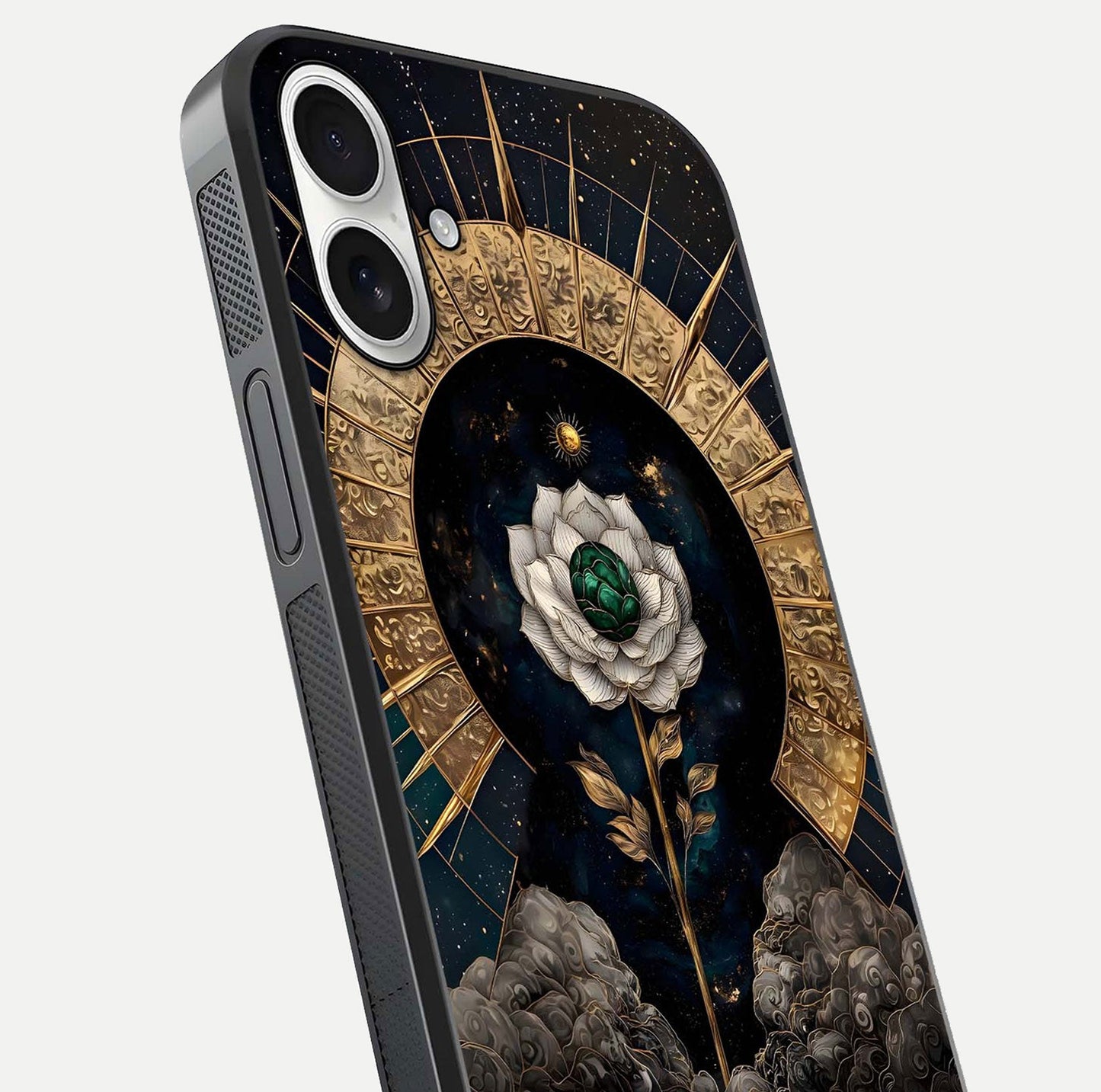 Celestial Lotus Morang Glass Case for iPhone 17 close-up highlighting pink lotus petals and reflection