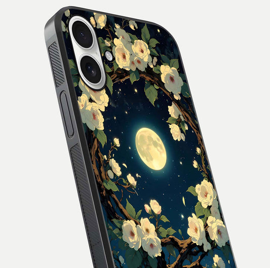 Celestial Moon & Flower Glass Case for iPhone 17 close-up capturing petal reflection and moonlight contrast