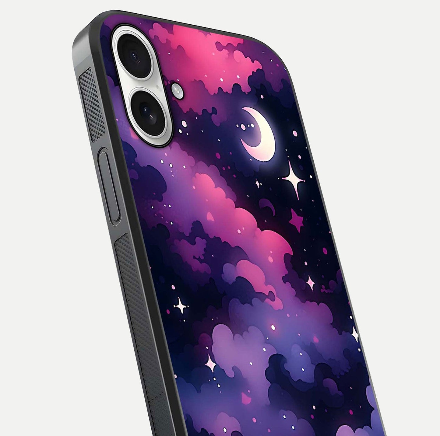 Celestial Moon Magic Glass Case for iPhone 17 close-up view highlighting moon crater detail and glass shine