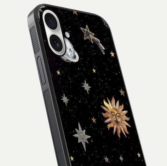 Celestial Moon With Stars Glass Case for iPhone 17 close-up showing cosmic reflection and HD shine