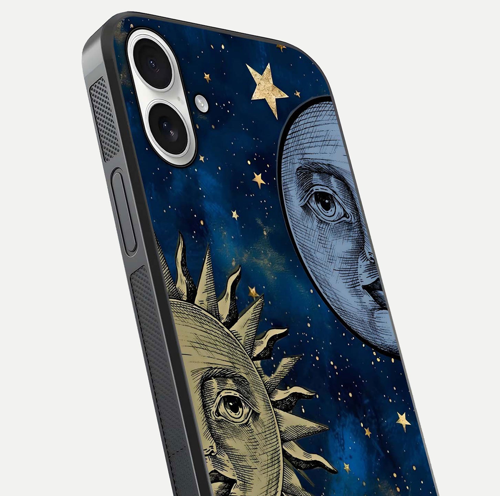 Celestial Moon With Sun Glass Case for iPhone 17 close-up highlighting fine celestial detail and polish reflection