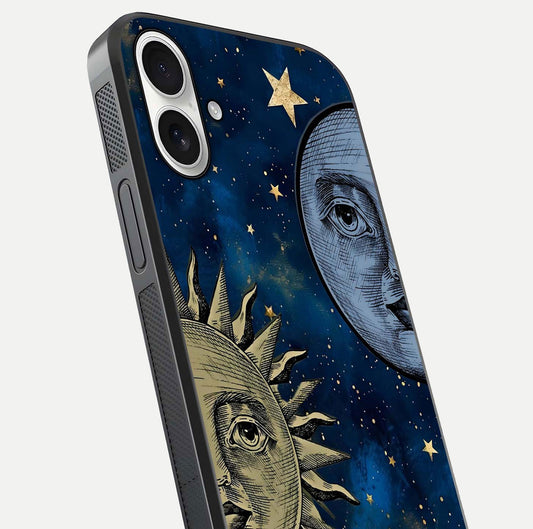 Celestial Moon With Sun Glass Case for iPhone 17 close-up highlighting fine celestial detail and polish reflection