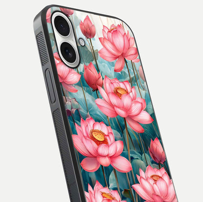 Celestial Pink Lotus Glass Case for iPhone 17 close-up highlighting petal detail and HD glass reflection