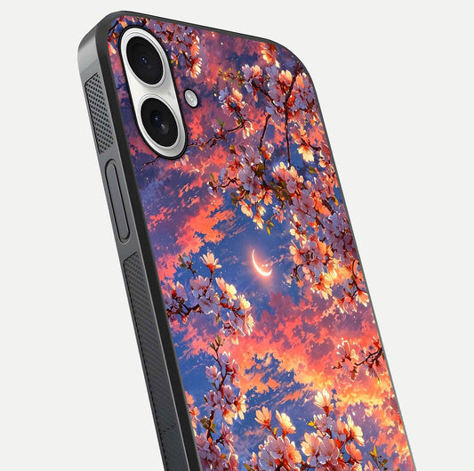 Celestial Sakura Sunset Glass Case for iPhone 17 close-up image highlighting blossom petals and gloss shine