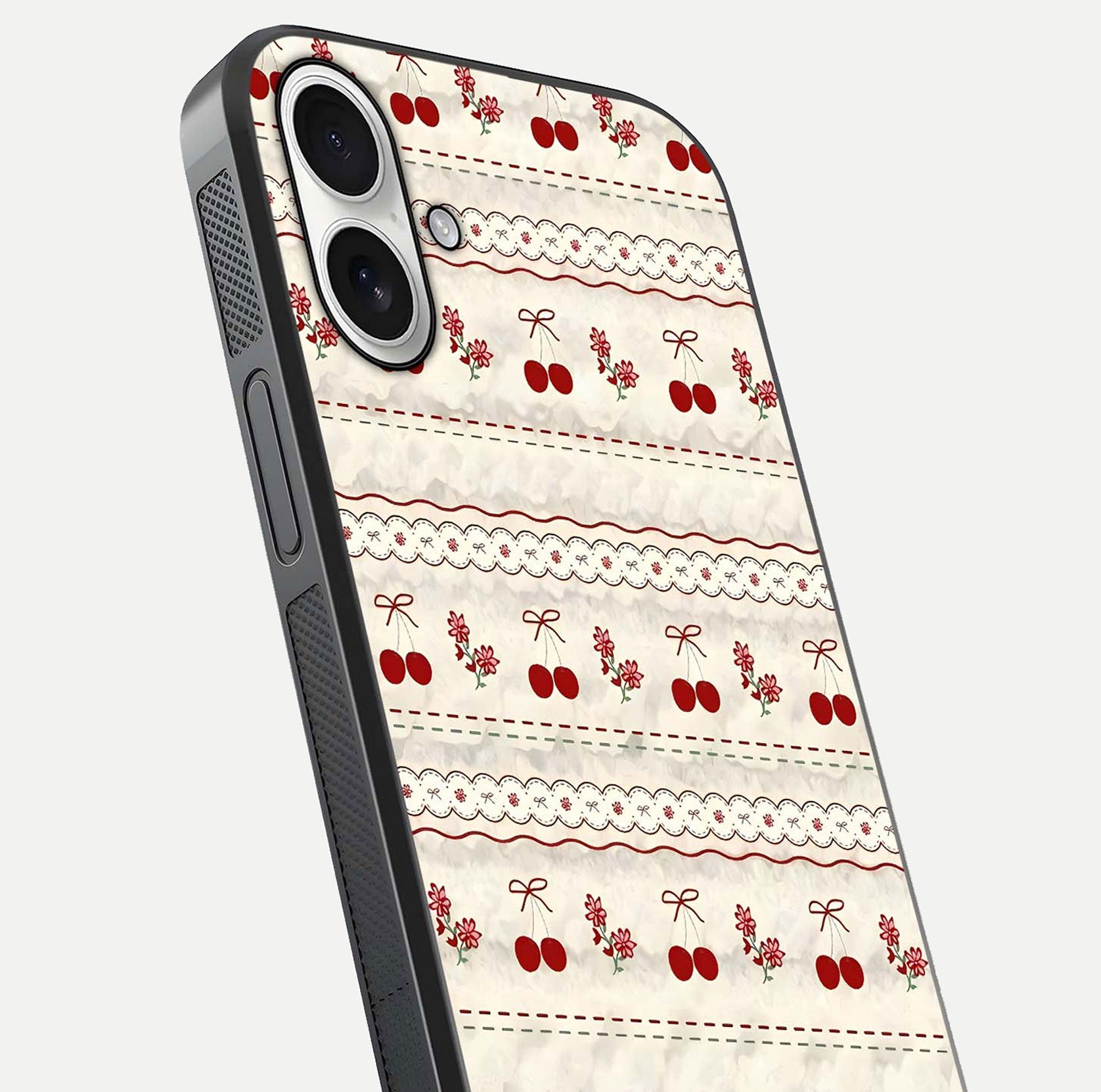 Cherry Bloom Charm Glass Case for iPhone 17 close-up showing pink petals and reflection detail