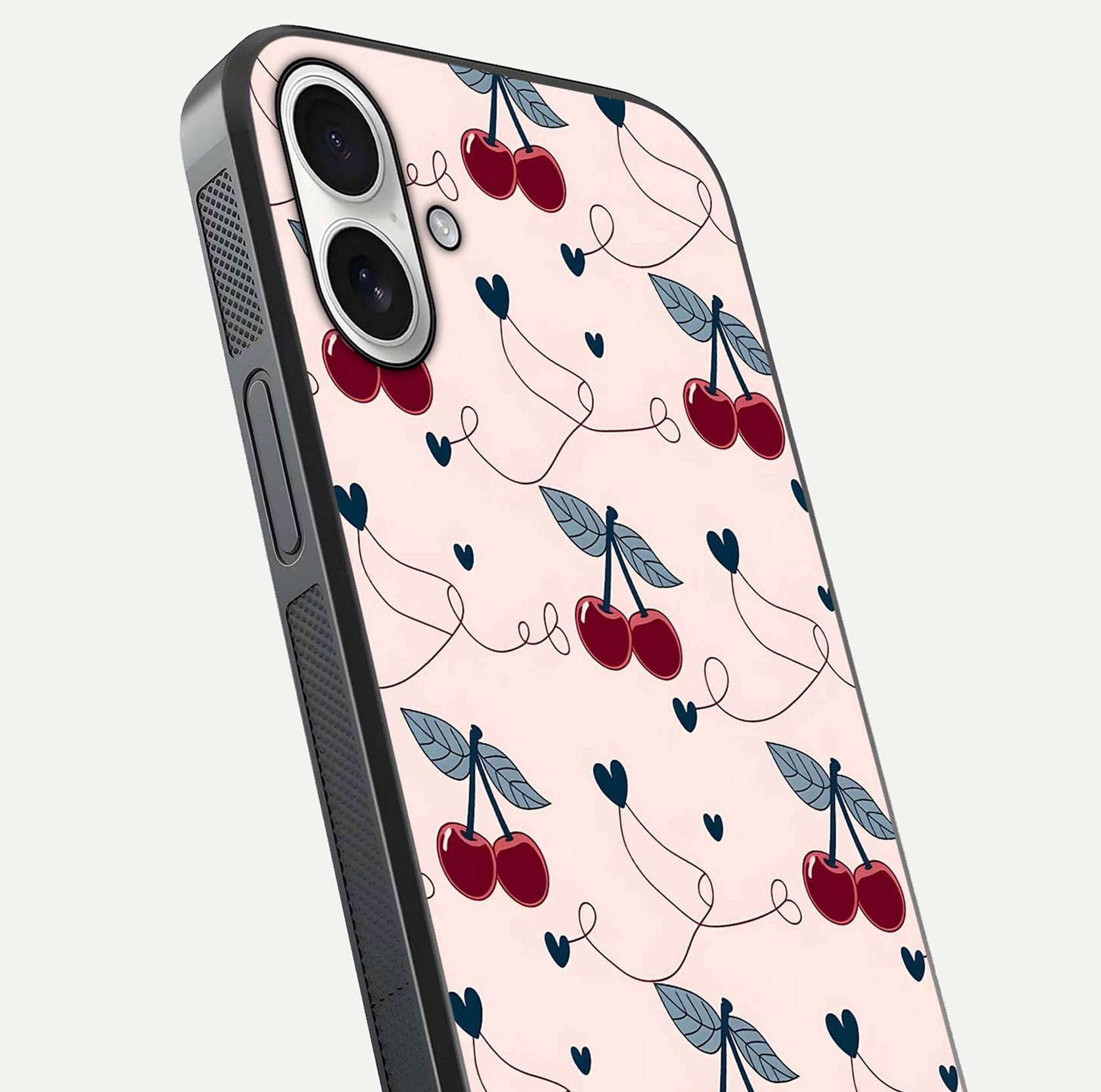 Cherry Heart Line Glass Case for iPhone 17 close-up showing heart outline and HD reflection gloss