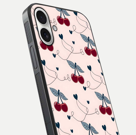 Cherry Heart Line Glass Case for iPhone 17 close-up showing heart outline and HD reflection gloss