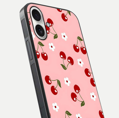 Cherry Love Mood Glass Case for iPhone 17 close-up highlighting cherry heart pattern and reflection shine