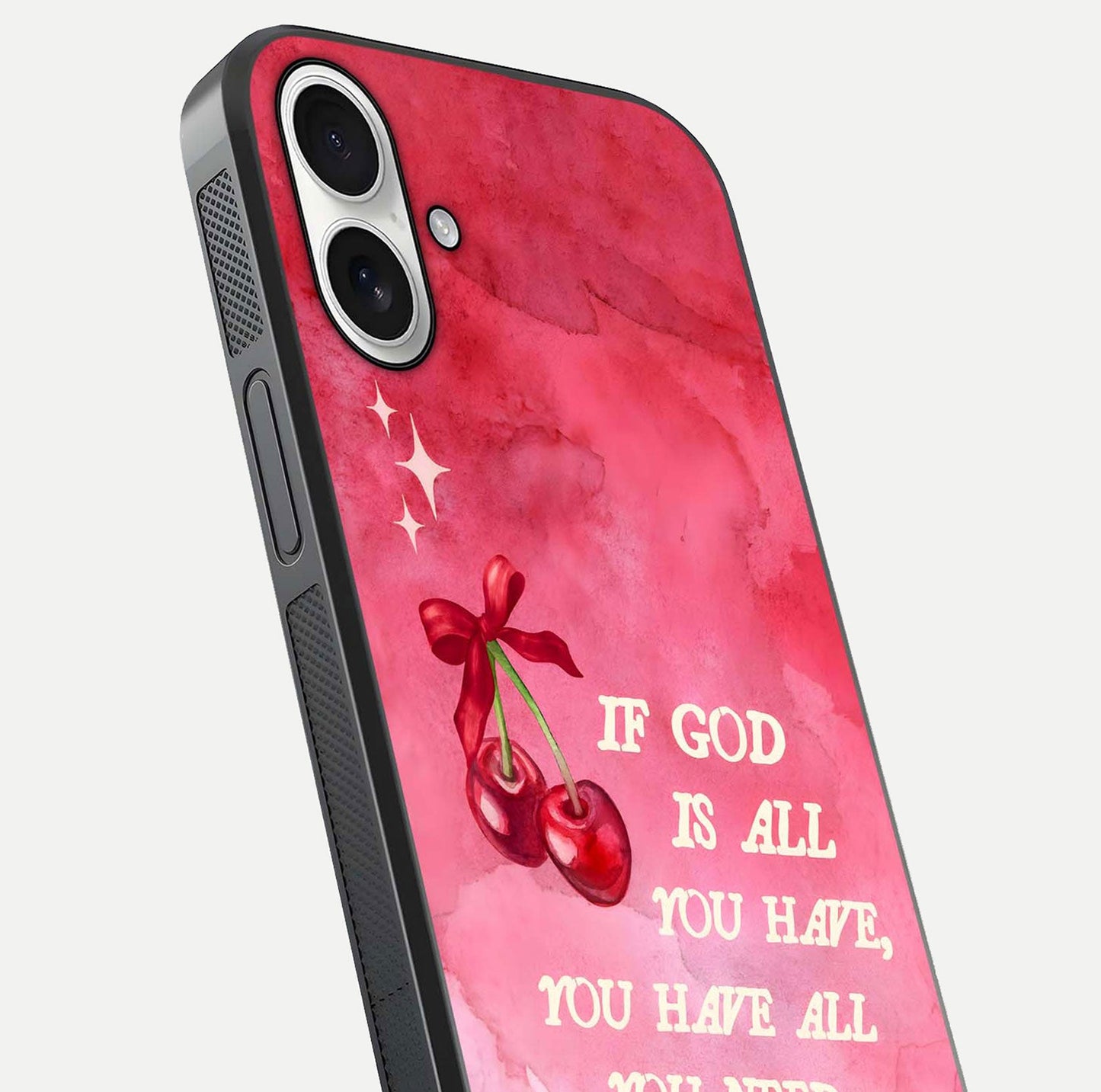 Cherry Quote Glass Case for iPhone 17 close-up showing printed quote detail and HD reflection gloss