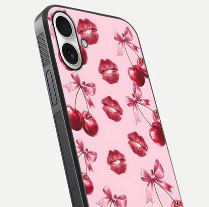 Cherry With Lips Glass Case for iPhone 17 close-up view highlighting lips texture and reflection shine