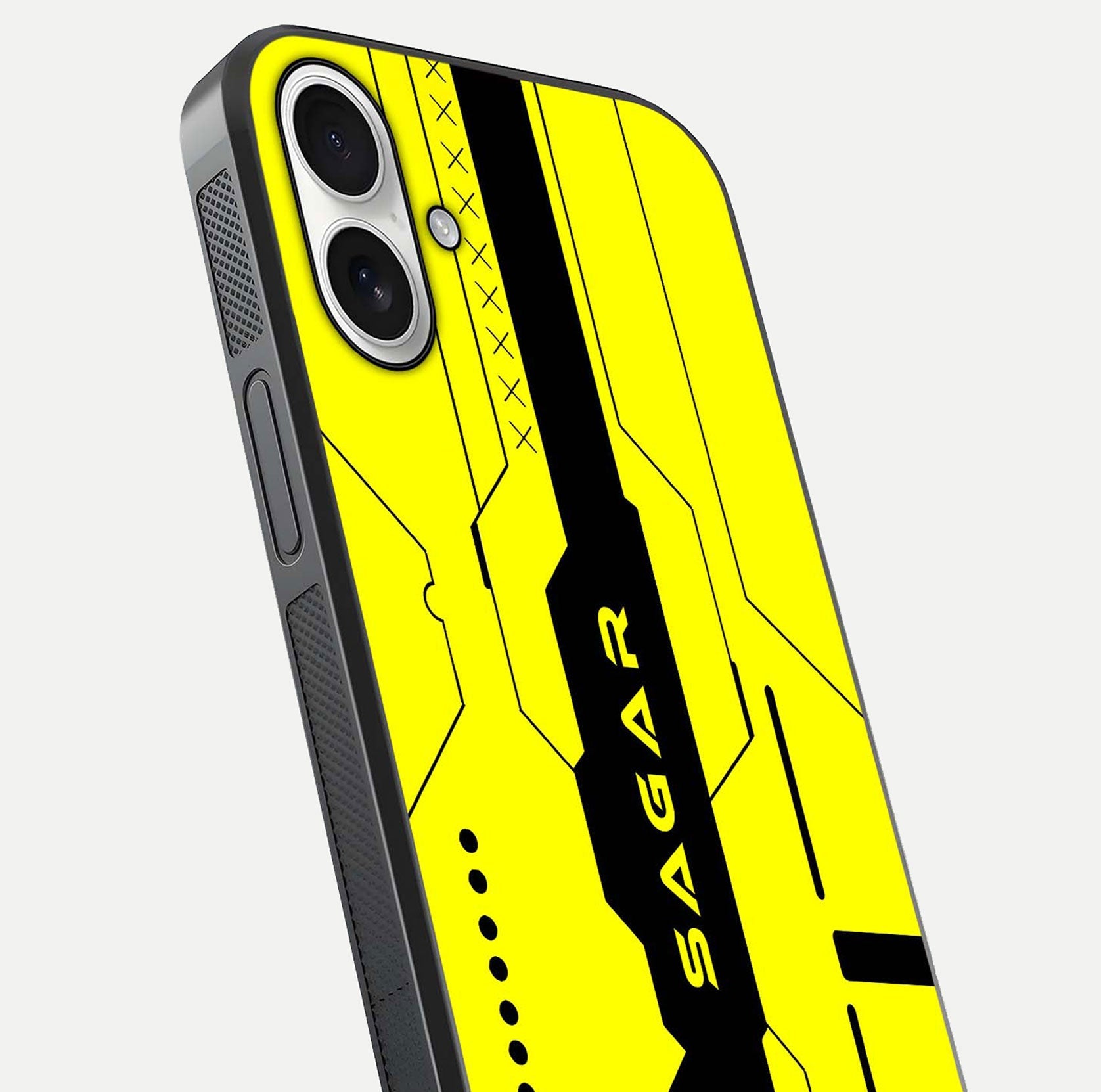 Circuit CYBERPUNK Custom Name Glass Case for iPhone 17 close-up highlighting neon lines, futuristic tones, and gloss reflection