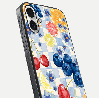 Citrus Bloom Joy Glass Case for iPhone 17 close-up highlighting orange blossoms and reflection detail