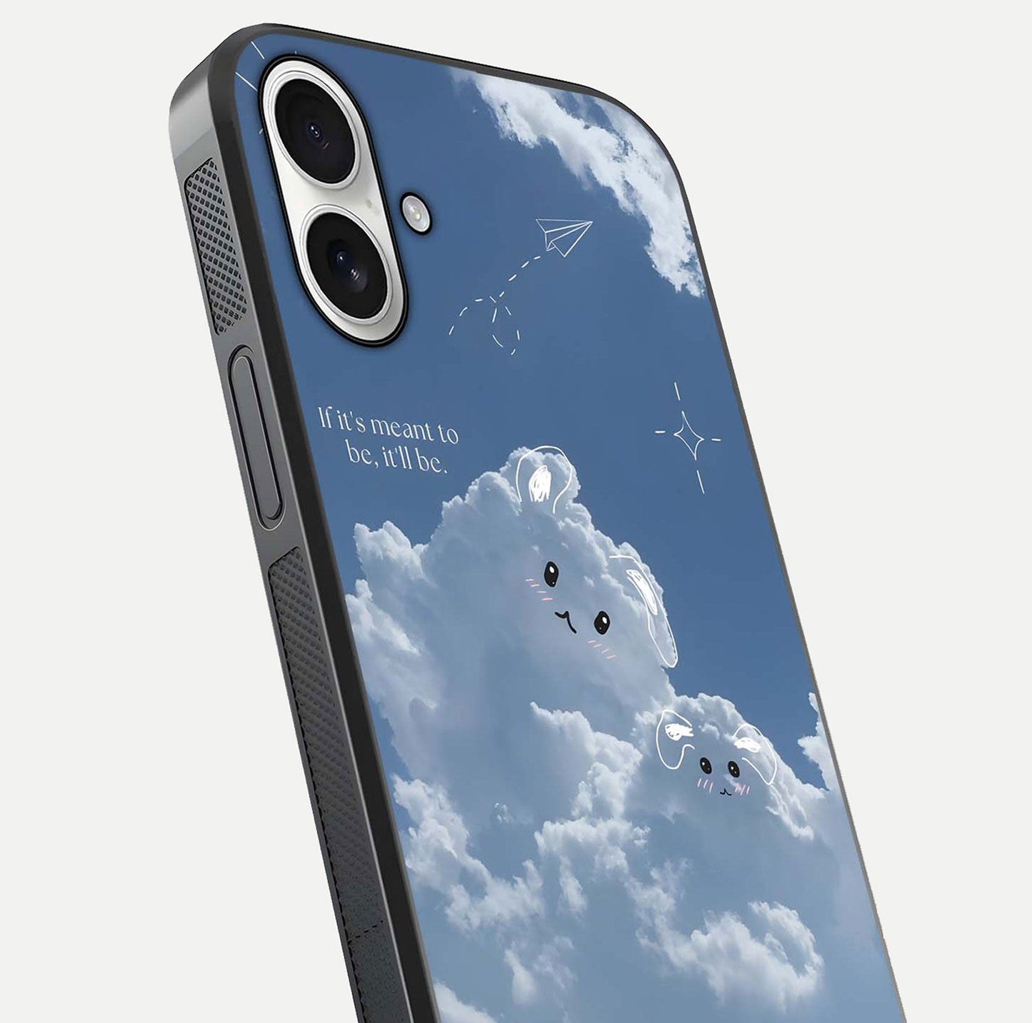 Cloud Bunny Dreams Glass Case for iPhone 17 close-up showing bunny art, dreamy clouds, and HD shine