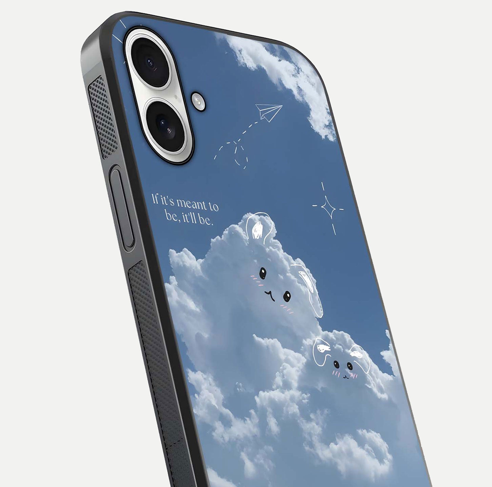 Cloud Bunny Dreams Glass Case for iPhone 17 close-up showing bunny art, dreamy clouds, and HD shine