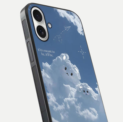Cloud Bunny Dreams Glass Case for iPhone 17 close-up showing bunny art, dreamy clouds, and HD shine