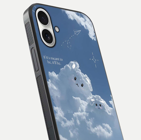 Cloud Bunny Dreams Glass Case for iPhone 17 close-up showing bunny art, dreamy clouds, and HD shine