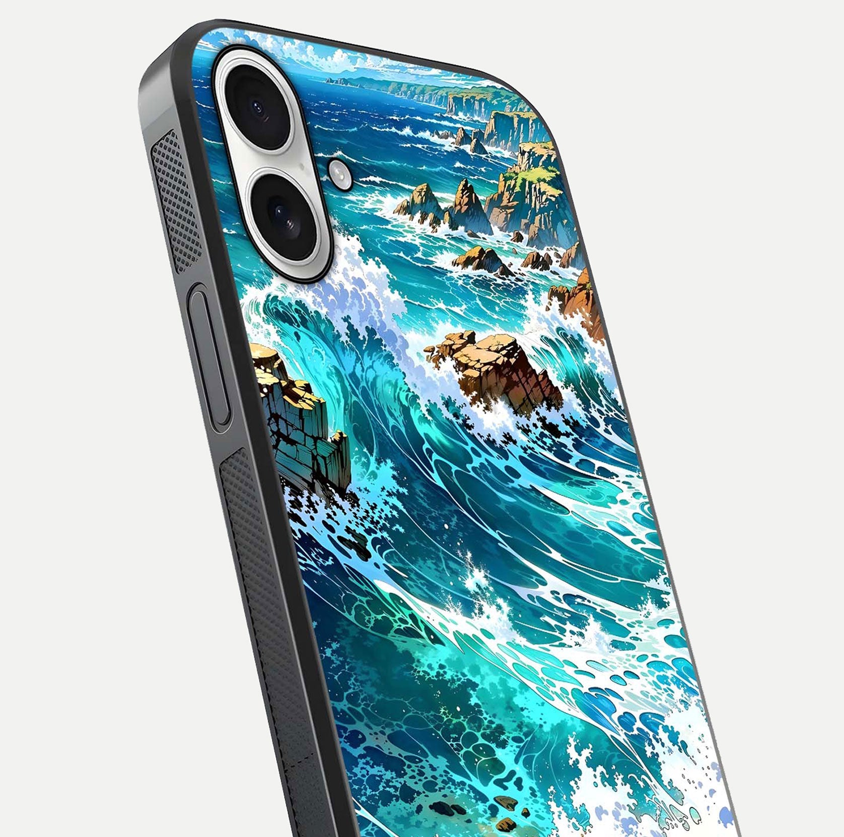 Coastal Blue Waves Glass Case for iPhone 17 close-up highlighting wave texture and blue shine